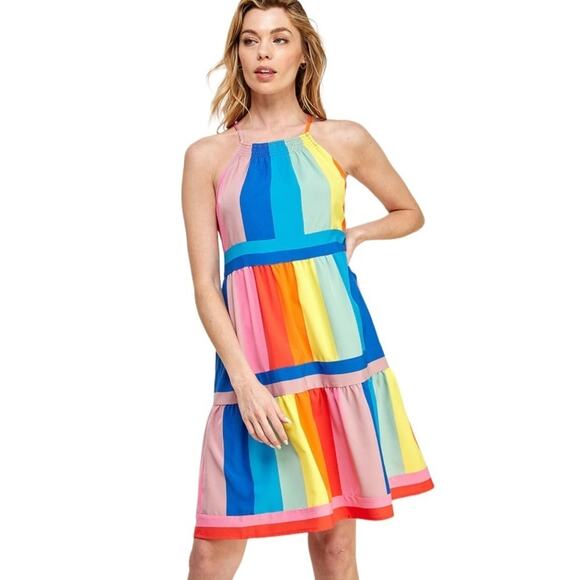 SOLUTION Rainbow Striped Shift Dress Size Medium - Picture 2 of 10